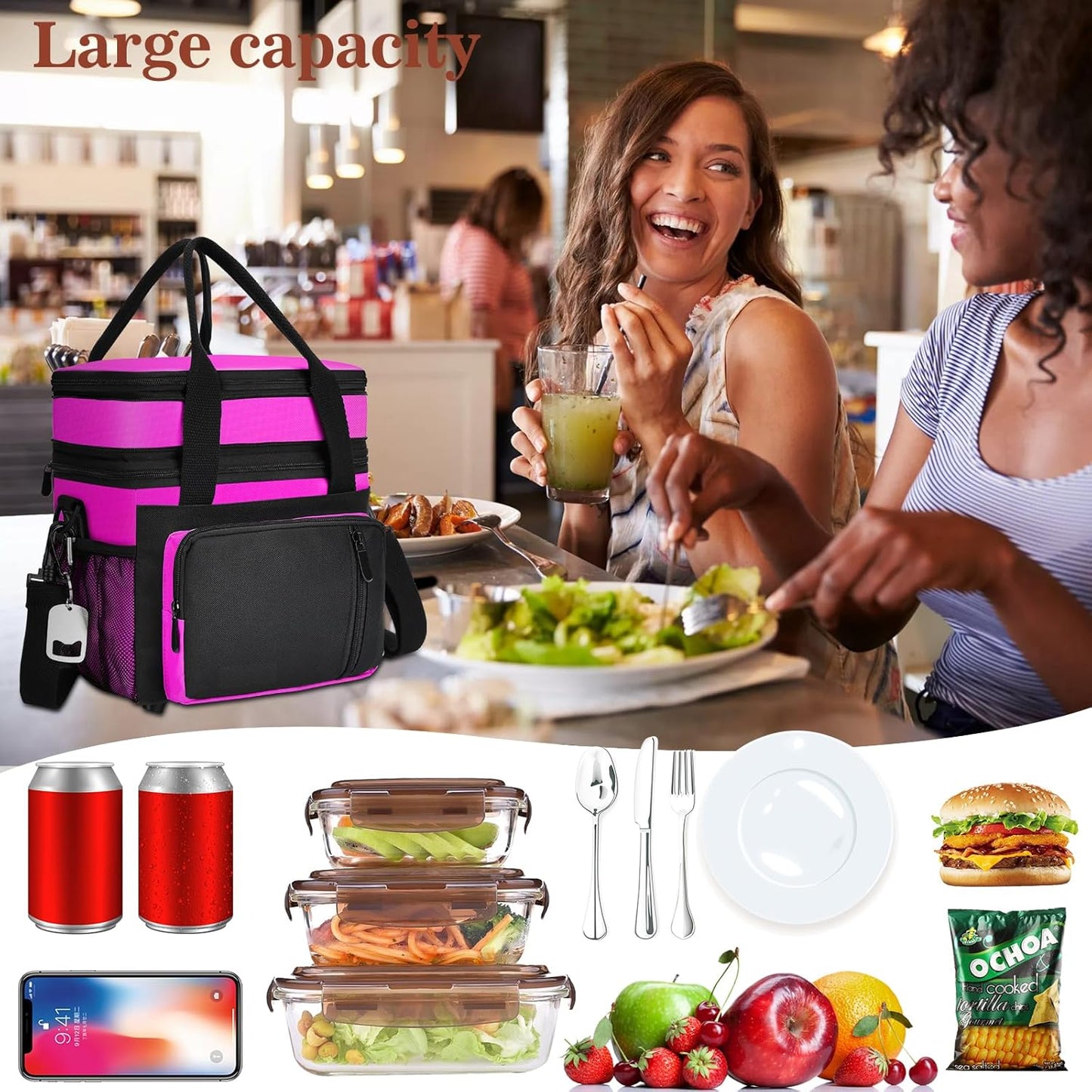 Insulated Lunch Bag Women | Large Adult Lunch Box | Double-Layer Reusable Lunch Bags | Leak-Proof Tote Cooler Bag for Work Picnic Outdoors | 16L, Hot Pink