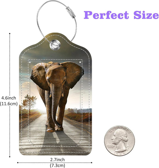 2 Pack Luggage Tags for Suitcase Elephant Walking with The Sun Leather Stainless Steel Loop Label Tags for Women Men Travel Bag Suitcase with Privacy Cover Name ID Card