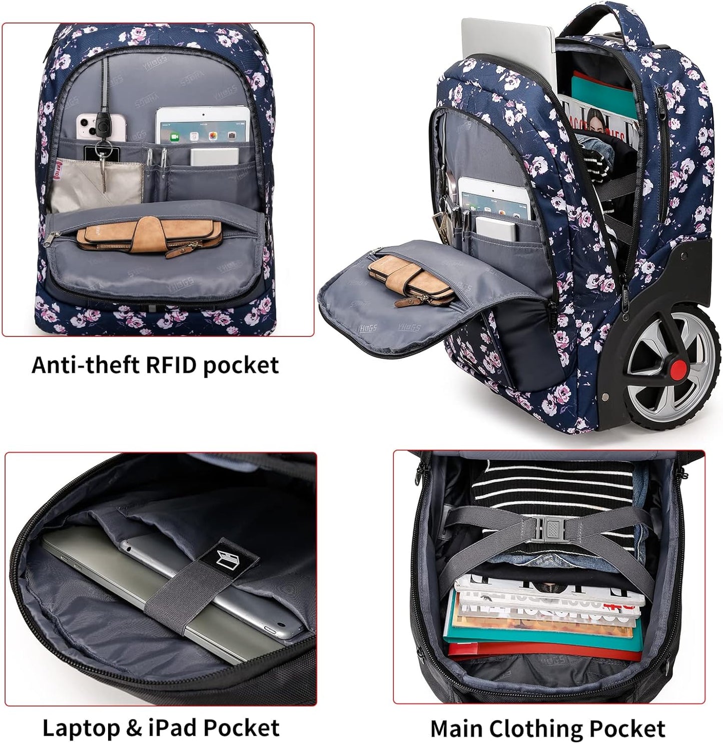 Rolling Backpack,Waterproof Backpack with Wheels for Business and Travel Commuter, Carry on Backpack with Laptop Compartment, Fit 17 Inch Laptop, Wheeled Backpack for Adults