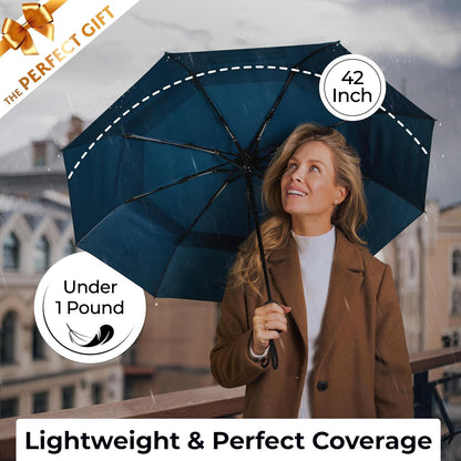 TUMELLA Strongest Windproof Travel Umbrella (Compact, Superior & Beautiful), Small Strong but Light Portable and Automatic Folding Rain Umbrella, Durable Premium Grip, Fits Car & Backpack