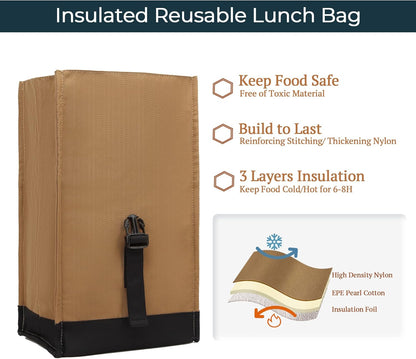 SUNNY BIRD Insulated Lunch Bag Rolltop Lunch Box Tote Bag for Women, Men, Adults and Teens (Brown)