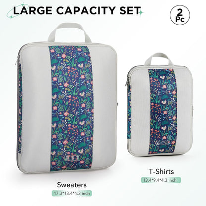 2 Set Compression Packing Cubes for Travel Essentials,Compressible Expandable Packing Cubes for Suitcase,OlarHike Luggage Organizer Bags for Travel(Dark Blue Floral)