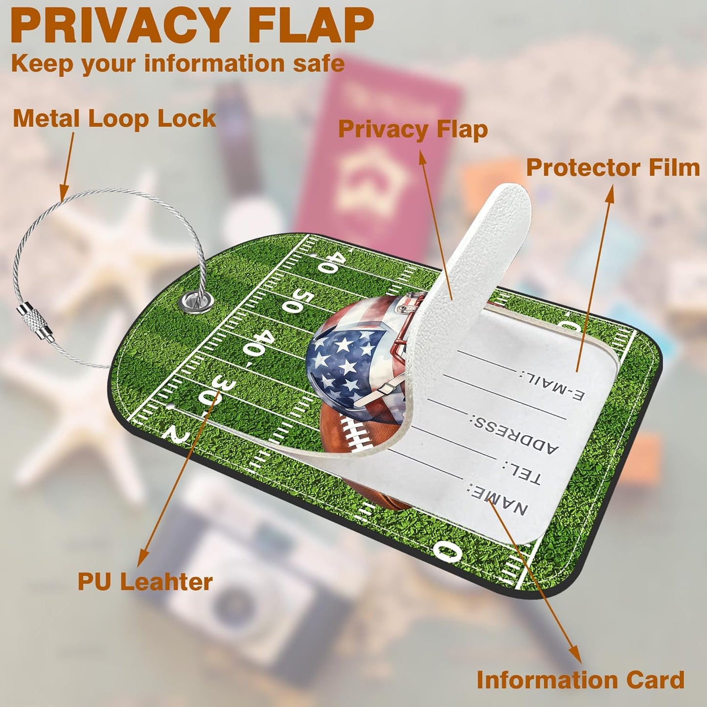 2 PCS Leather Luggage Tag for Suitcase Football and Helmet Travel Suitcase Labels with Privacy Name ID Label and Stainless Steel Loop for Adults Teens Travel Bag Labels Set