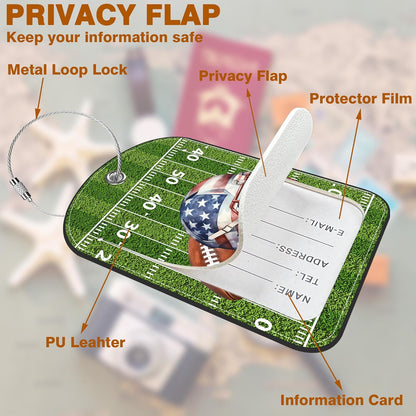 2 PCS Leather Luggage Tag for Suitcase Football and Helmet Travel Suitcase Labels with Privacy Name ID Label and Stainless Steel Loop for Adults Teens Travel Bag Labels Set