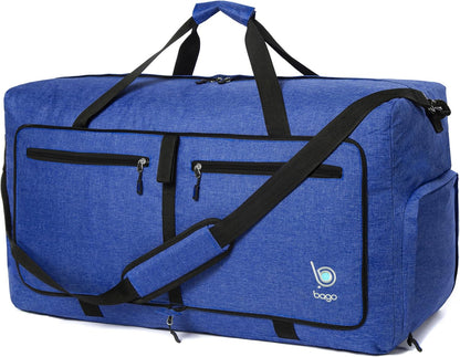 Bago Large Foldable Duffel Bags for Traveling Women & Men - 80L Packable Duffle Bag for Travel with Shoe Compartment - Water Repellant, Heavy Duty, Lightweight Folding & Collapsible (SnowDepBlue)