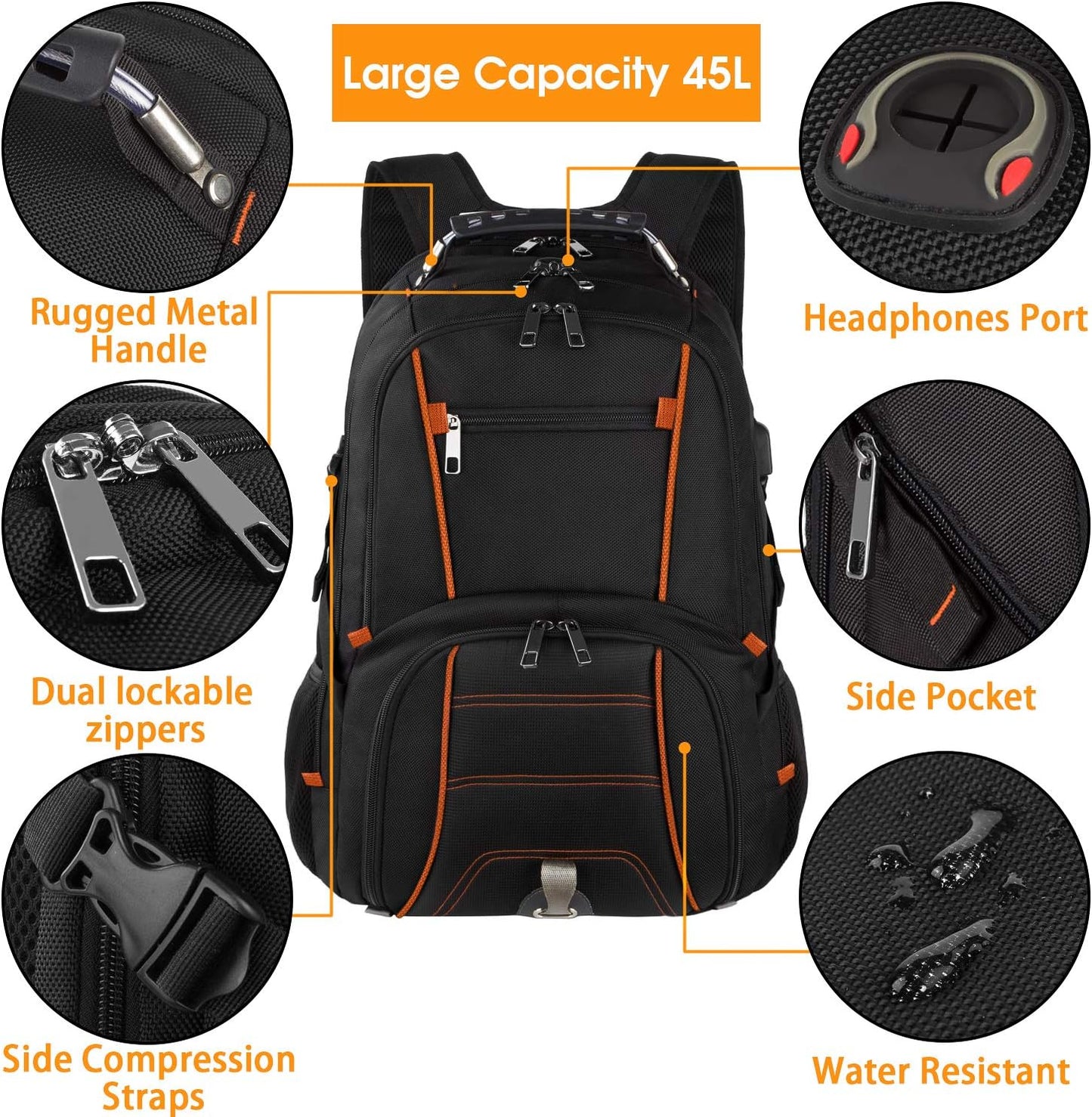 Travel Backpacks for Men Women,Extra Large College School Laptop Bookbags with USB Charging Port,RFID TSA Friendly Water Resistant Business Computer Bag with Luggage Sleeve Fit 17.3''Laptop 45L,Orange