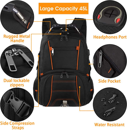 Travel Backpacks for Men Women,Extra Large College School Laptop Bookbags with USB Charging Port,RFID TSA Friendly Water Resistant Business Computer Bag with Luggage Sleeve Fit 17.3''Laptop 45L,Orange