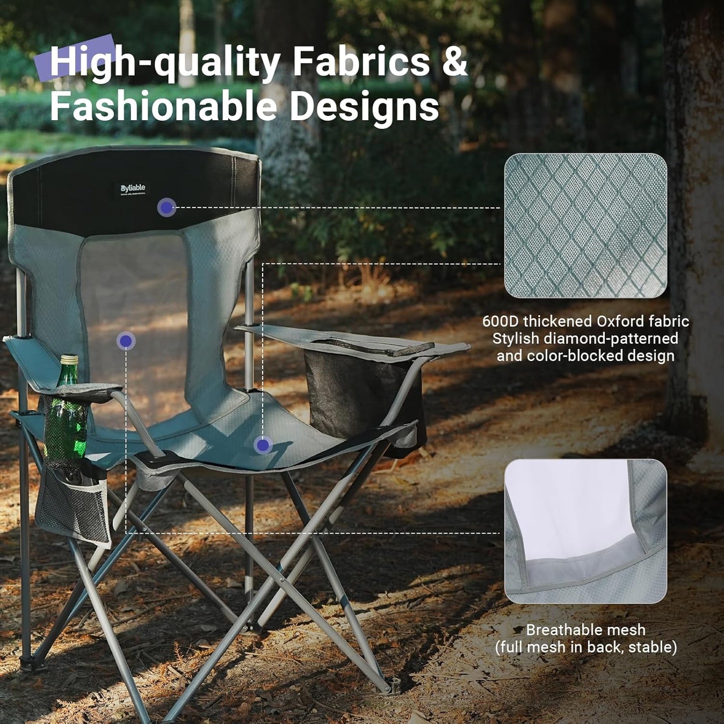 Camping Folding Chair Outdoor Lawn Portable Lightweight Camp Folding Chairs for Adult Outside with Cup Holder, Cooler Pouch & Side Pocket for Camping, Beach, Fishing, Sports or Tailgating Events