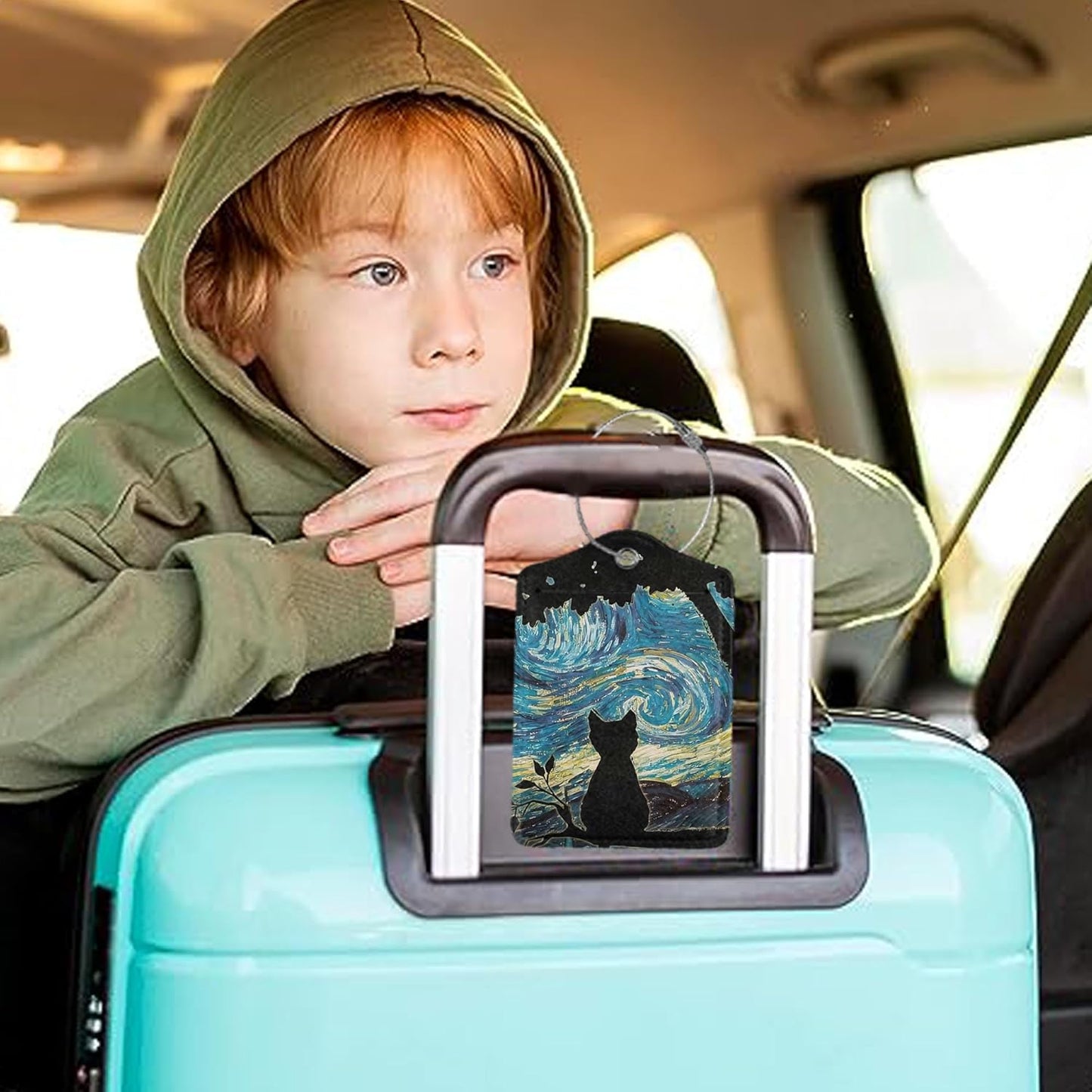 Luggage Tags,Black Cat Starry Night Cute Suitcase Tag with Privacy Flap & Name ID Label & Metal Loop,Luggage Tags for Women Men Baggage Handbag School Bag Backpack