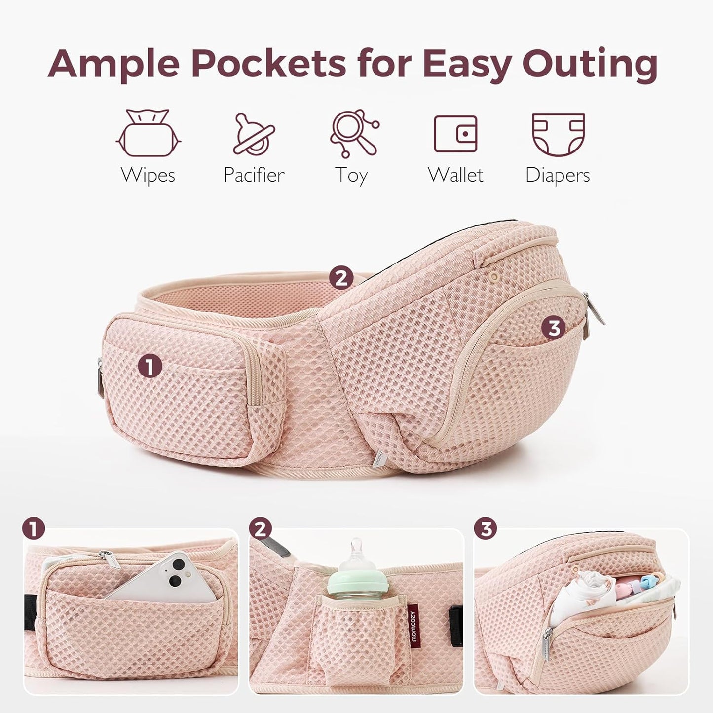 Momcozy Baby Carrier with Hip Seat, 2-in-1 Forward-Facing Carry for Active Babies, Detachable Hands-Free Carrier up to 44lbs, Breathable Infant Carrier Fits Waist Sizes up to 45 Inches, AirMesh Pink