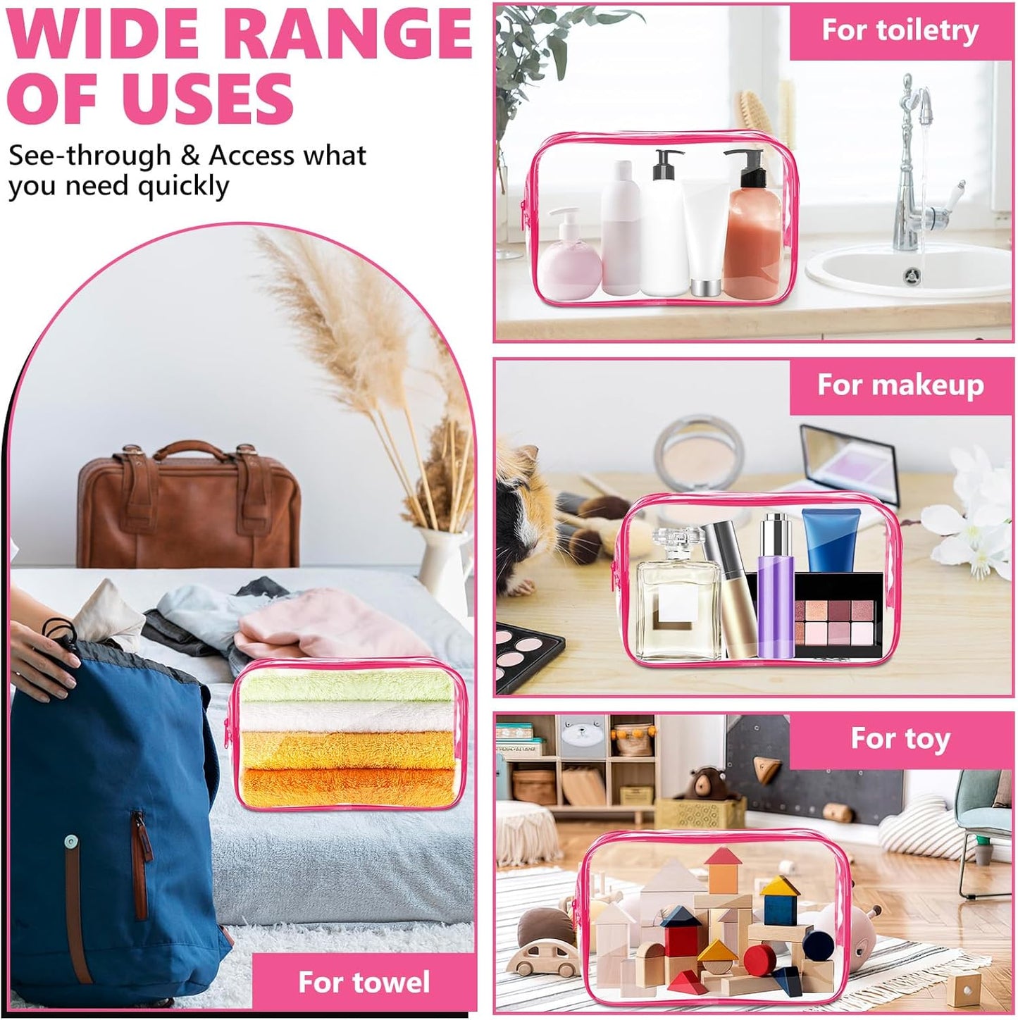 AURUZA 4 Pack Clear Toiletry Bag, Portable Travel Makeup Pouch with Zipper, TSA Approved Organizer, PVC Cosmetic for Airport Airline Compliant