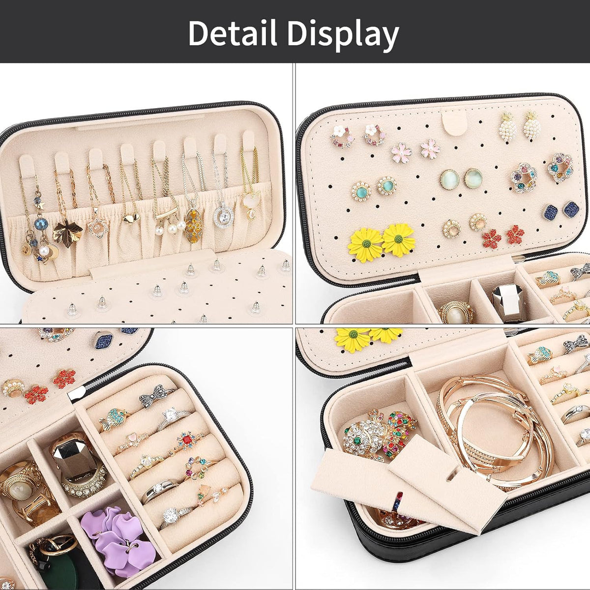 DesignSter Travel Jewelry Box, PU Leather Portable Jewelry Case, Small Jewelry Boxes for Gifts, Travel Jewelry Organizer for Women Rings Earrings Necklaces Bracelets (Black)