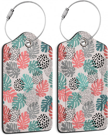2 Pack Luggage Tag for Suitcase,Wave Dot Art Tropical Palm Leather Suitcase Tags Identifiers with Privacy Name Address Labels and Durable Steel Loop for Women Men Travel