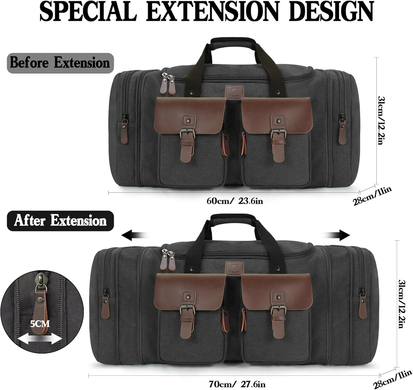 Canvas Duffle Bag for Men 60L Travel Duffel Bags Expandable Genuine Leather Duffel Overnight Weekender Carry On Bag Two Zipper Pockets Travel Bag (Black, X Large-60L)