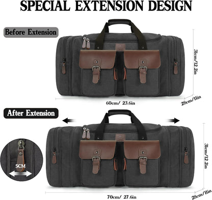 Canvas Duffle Bag for Men 60L Travel Duffel Bags Expandable Genuine Leather Duffel Overnight Weekender Carry On Bag Two Zipper Pockets Travel Bag (Black, X Large-60L)