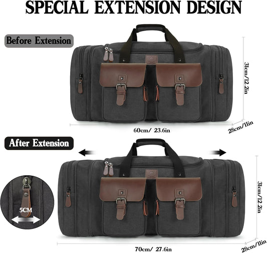 Canvas Duffle Bag for Men 60L Travel Duffel Bags Expandable Genuine Leather Duffel Overnight Weekender Carry On Bag Two Zipper Pockets Travel Bag (Black, X Large-60L)