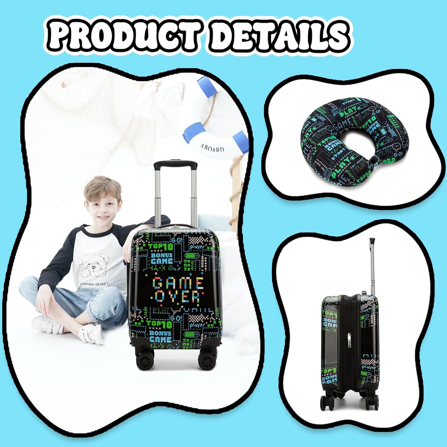 Suitcase for Kids 16inch Car Luggage Set for Boys Travel Suitcase Hard Shell Luggage Sets with Spinner Wheels Carry on Luggage Airline Approved