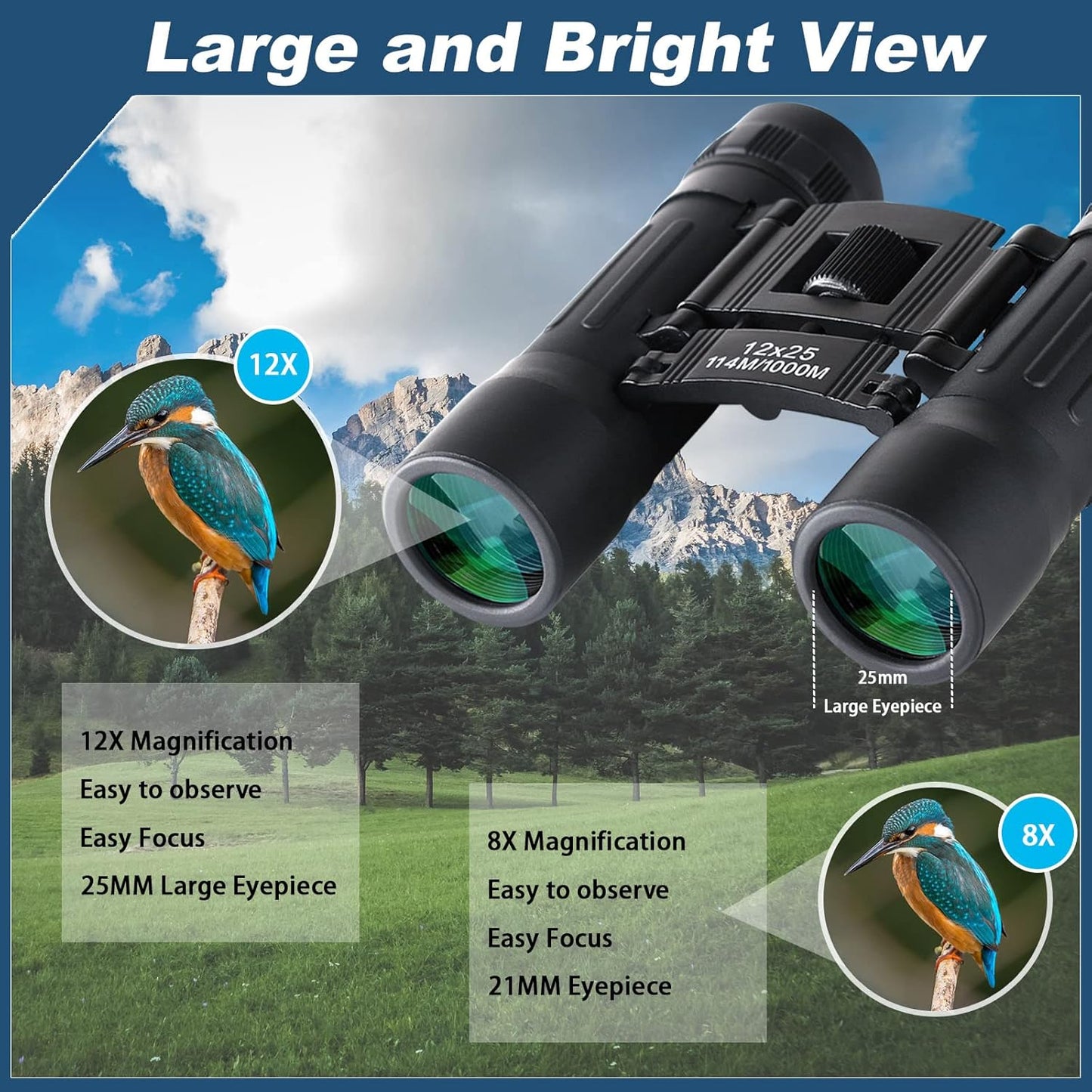 12x25 Compact Binoculars, High Powered Easy Focus Binoculars, Portable Large Eyepiece Binocular for Adults Kids Bird Watching,Opera Concert, Travel, Hiking, Outdoor Scenery, Football Game