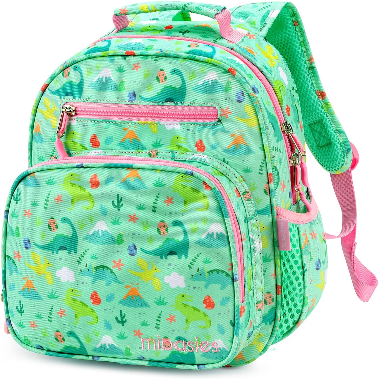 mibasies Toddler Backpack for Girls 2-4: Cute Kids Backpacks for Girls - Preschool Kindergarten Backpack - Dinosaur Forest Light Green