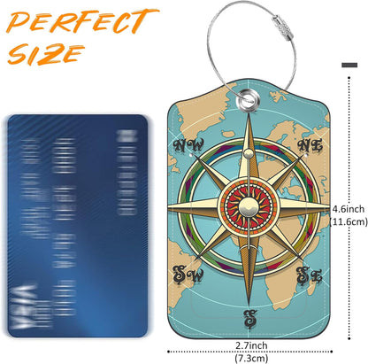 Nautical Compass Retro World Map Luggage Tag for Suitcase 2 Pack Leather Luggage Tag with Privacy Flap Name ID Label and Metal Loop for Women Men Travel