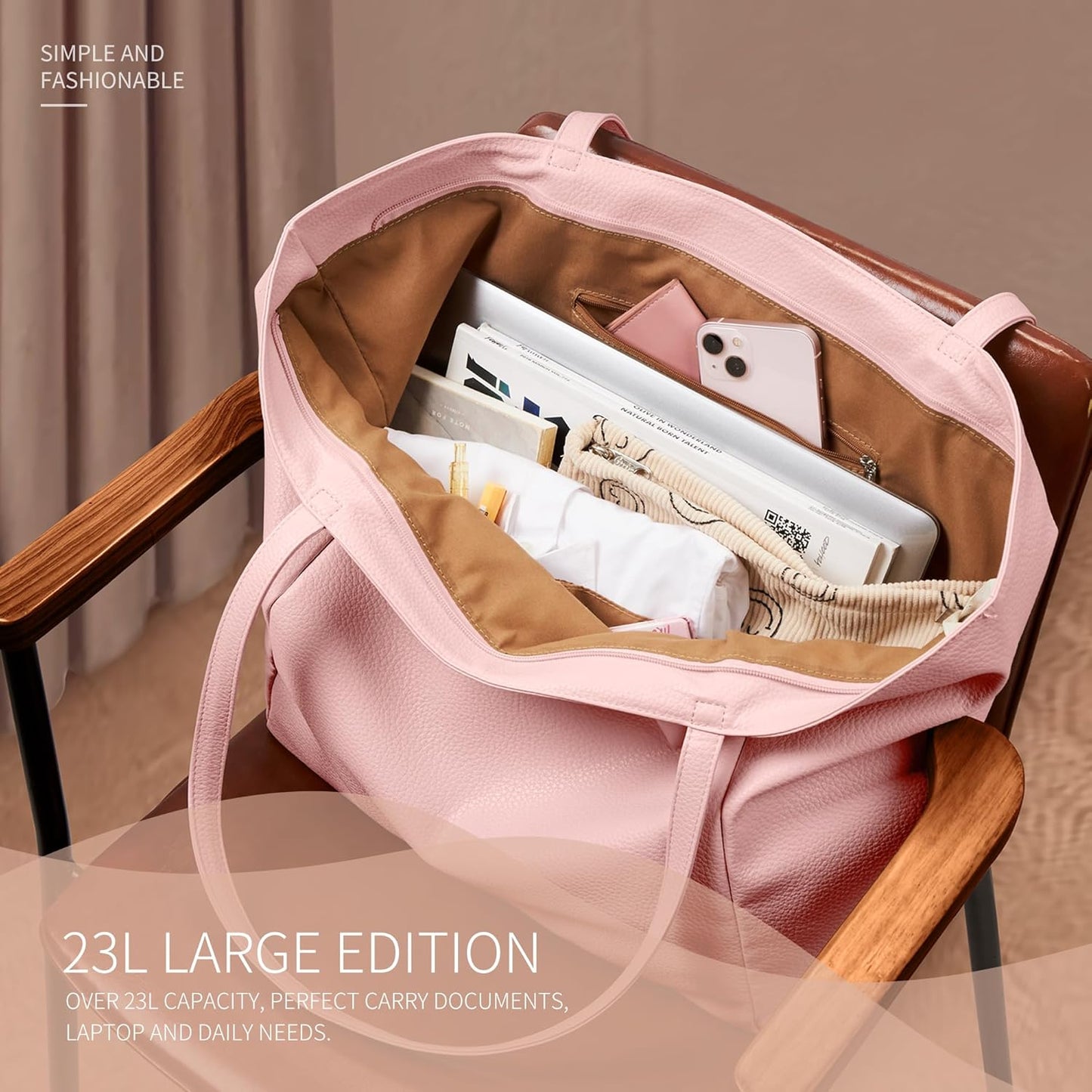 KALIDI Large Tote Bag Vegan Leather Casual Zipper Work Bag Weekender Hobo for Women 23L Oversize Shoulder Travel Purse