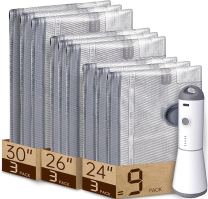 9 Packs Rechargeable Pump Vacuum Bags for Travel Packing, Carry-on Size Vacuum Seal Bags for Luggage and Suitcase Compression, Space Saver for Clothes and Clothing Organization
