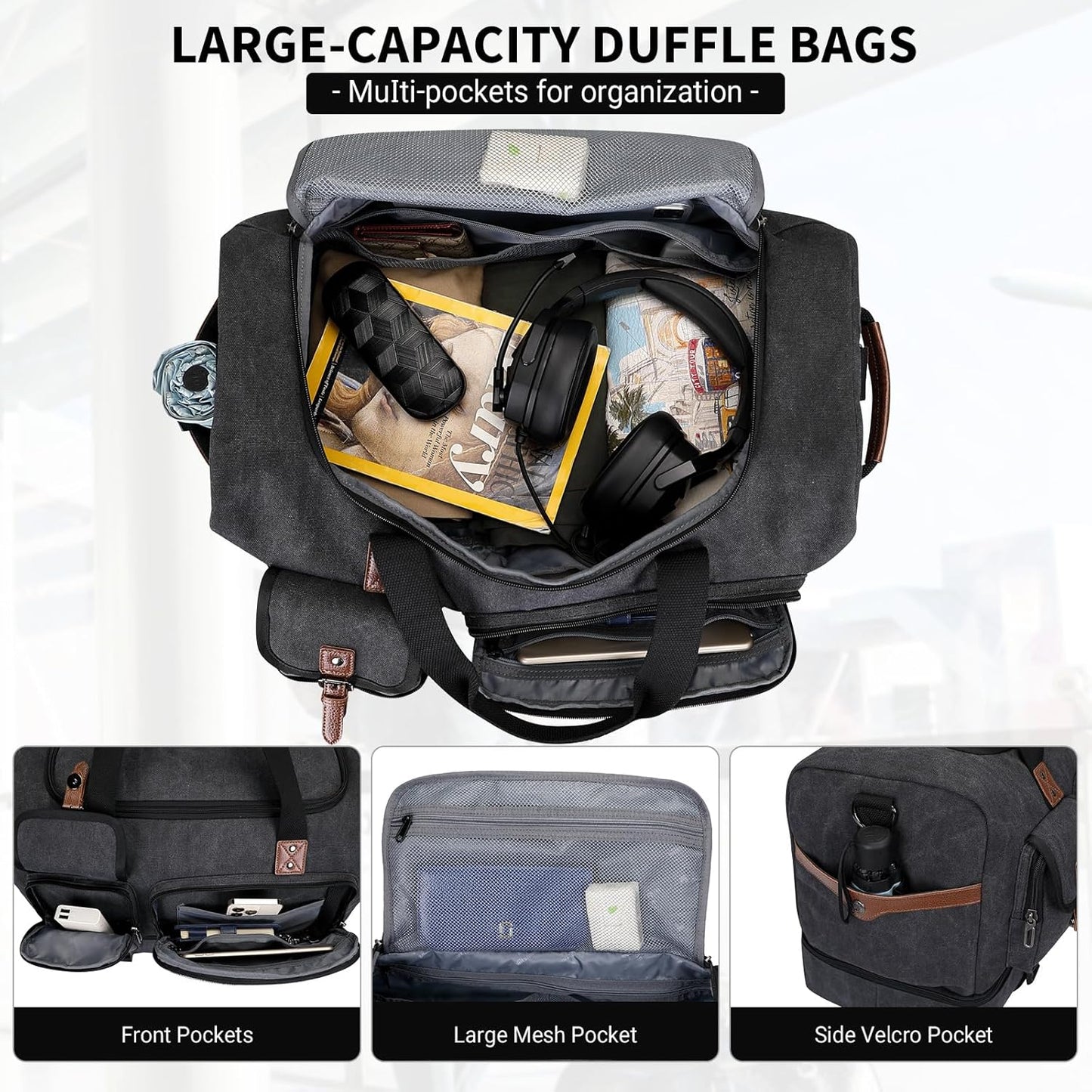 WITZMAN Canvas Weekender Bag Mens Overnight Bag for Traveling Carry on Duffle Bags with Shoes Compartment（A8010 Black）