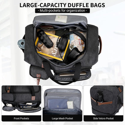 WITZMAN Canvas Weekender Bag Mens Overnight Bag for Traveling Carry on Duffle Bags with Shoes Compartment（A8010 Black）