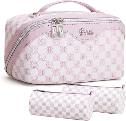 BOYATU Travel Makeup Bag Cosmetic Bags for Women: 3 Pcs Set Portable Make up Bag with Handle - Vegan Leather Toiletry Bags with Compartments - Makeup Organizer for Travel Essentials(02-Purple)