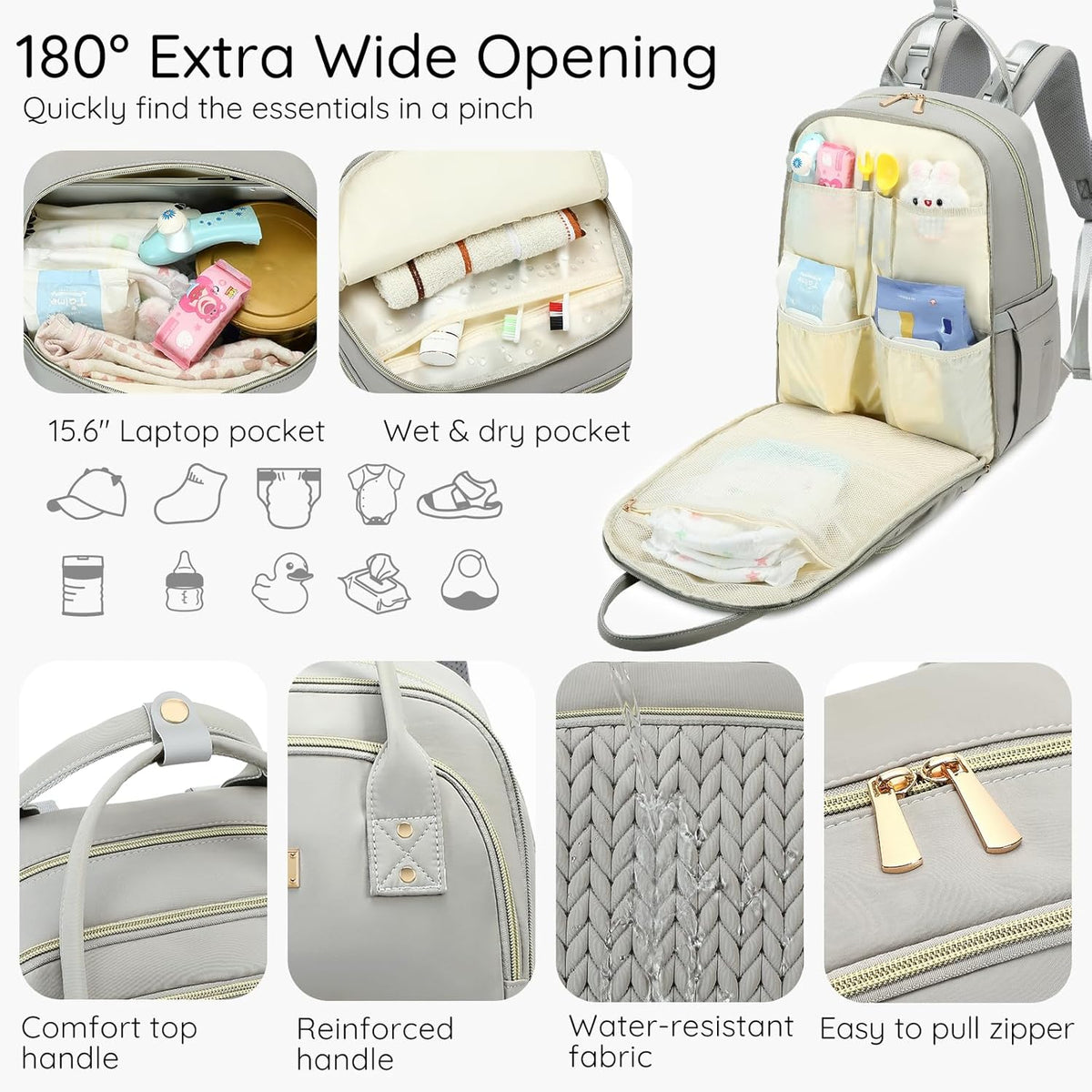 Diaper Bag Backpack - Large Multi functional, Boys, Girls & Baby Travel Essentials Tote with Changing Pad, Insulated Pockets, Stroller Straps, Waterproof - Baby Backpack for Mom & Maternity (Gray)