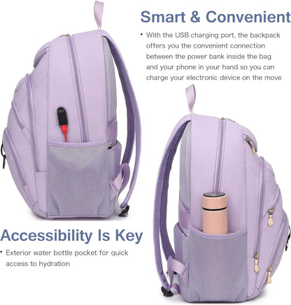 Boavan Laptop Backpack for women, 15.6inch Laptop Bag with USB Port, Waterproof Travel Work Backpack Purse, Anti-Theft Teacher Nurse Doctor Casual Bookbags Office Business backpack，Purple