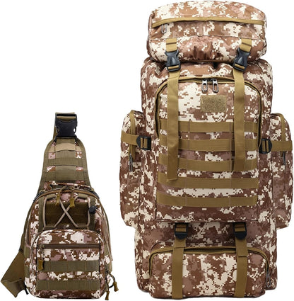 80L 2Pcs Hiking Backpack for Men with Sling Tactical Backpack - Rucksack Molle Military Tactical Waterproof Lightweight Camping Backpack 3 Day Assault Pack for Travel, Climbing, Backpacking