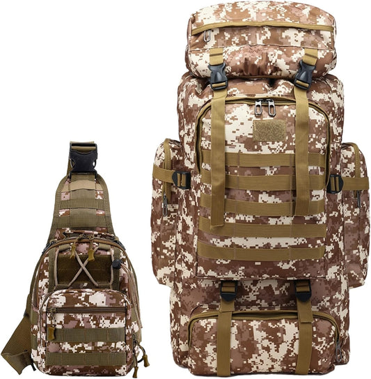 80L 2Pcs Hiking Backpack for Men with Sling Tactical Backpack - Rucksack Molle Military Tactical Waterproof Lightweight Camping Backpack 3 Day Assault Pack for Travel, Climbing, Backpacking
