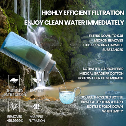 Collapsible Water Bottle with Filter for Travel,Portable Water Filter Camping,Water Purifier Bottle for Camping Hiking Cycling Outdoor Sports,Mountain Blue
