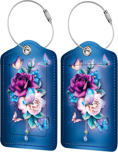 2 Pack Luggage Tag for Suitcase, Cute Unique Leather Bag Tags Identifiers Privacy Cover ID Label with Durable Steel Loop for Women Men Kids Girls Travel, Butterfly