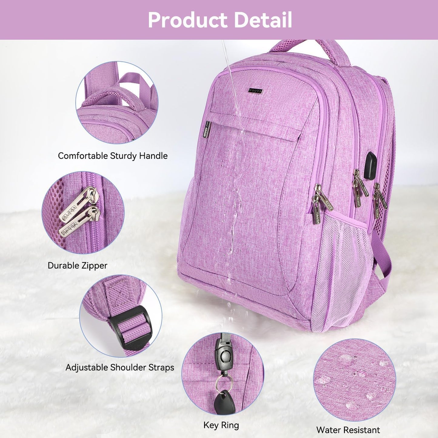 Voova Travel Laptop Backpack, Business Work Laptop Backpack for Women & Men with USB Charging Port, Waterproof Slim Durable College Computer Bag Fits 15.6 Inch Laptops and Notebook, Purple