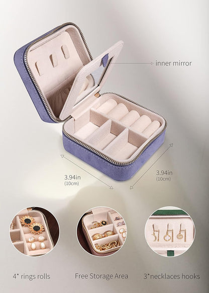 S.Leaf Mini Travel Jewelry Case - Portable Organizer Box for Women (Suede Touch, Dust Lavender)