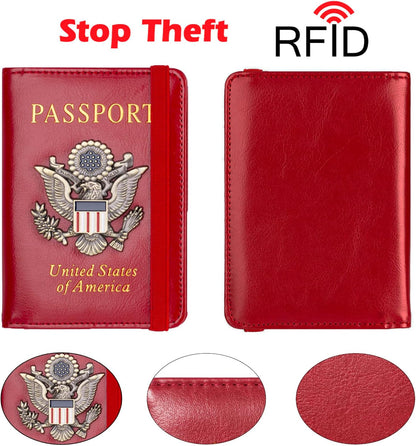 Passport Holder for Travel Passport Cover for Men Passport Wallet Case with Metal 3D Metal Badge Protector Leather Card Case RFID Blocking Women Travel Accessories Document Organizer (Red)