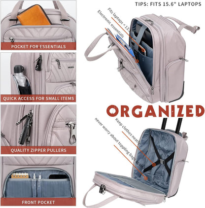 KROSER Carry On Underseat Multi-functional, 16-inch Underseater Lightweight Overnight Suitcase for Women, Dusty Pink