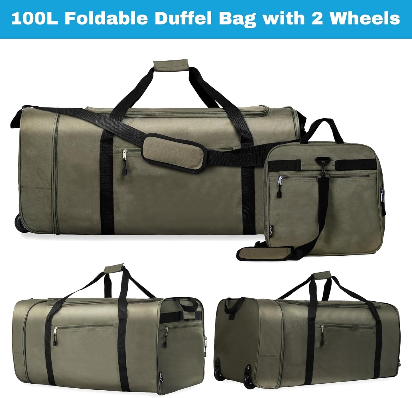 Finnhomy 100L Foldable Rolling Duffel Bag with 2 Wheels, Light Weight Travel Duffel bag with Large Loading Capacity, 32 inch Rolling Duffel bag with Shoulder Strap for Travel Camping Sports, Green