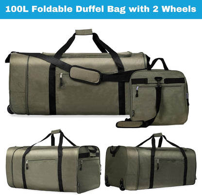 Finnhomy 100L Foldable Rolling Duffel Bag with 2 Wheels, Light Weight Travel Duffel bag with Large Loading Capacity, 32 inch Rolling Duffel bag with Shoulder Strap for Travel Camping Sports, Green