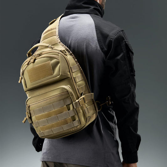 15L Tactical Crossbody Sling Bag | Everyday One Shoulder Backpack Fit 12 Inch Laptop, Molle, Daily Use, Travel, Hiking (Tan)