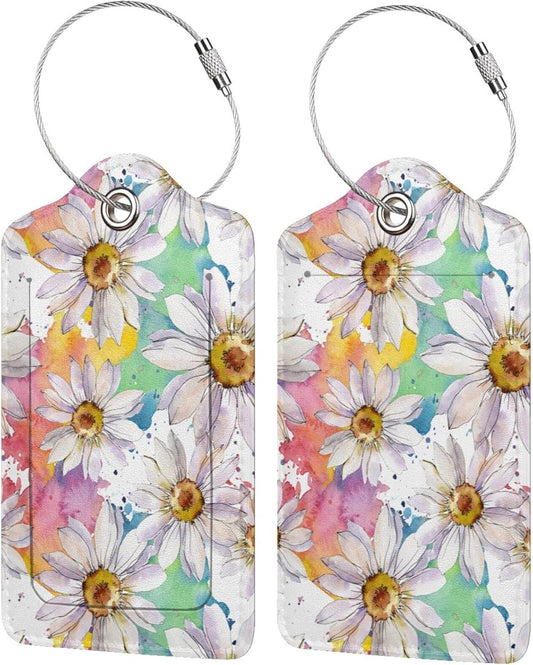 Colorful Daisy Flower Luggage Tags Suitcase Tag Privacy Name ID Card Spring Floral Travel Bag Labels with Stainless Steel Loop for Women Men Girls Set of 2