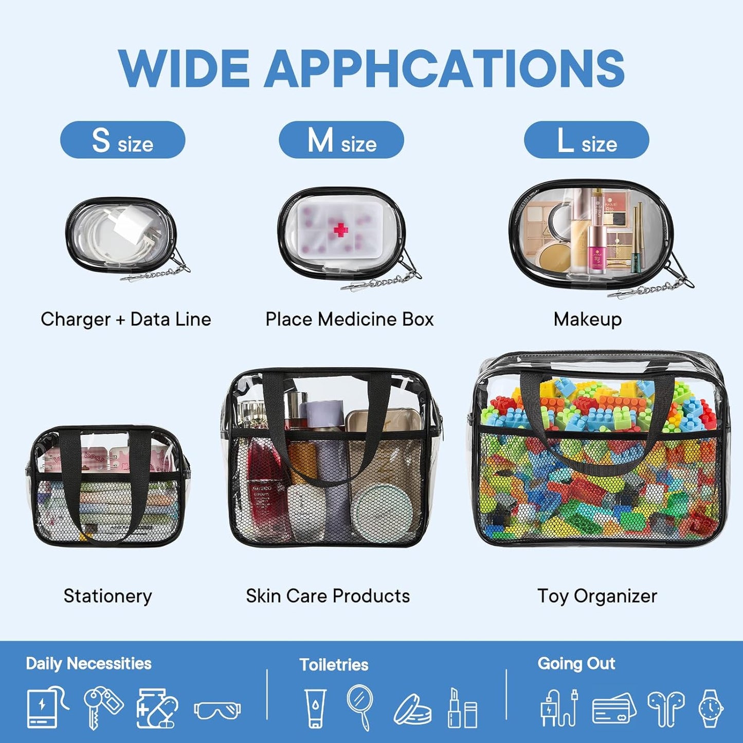 XEWEA Clear Travel Toiletry Bags & Small Electronic Accessories Organizer Case, 6 PCS TSA Approved Transparent Makeup Bag for Women Men, Waterproof PVC Quart Pouch with Zipper for Airline Essentials