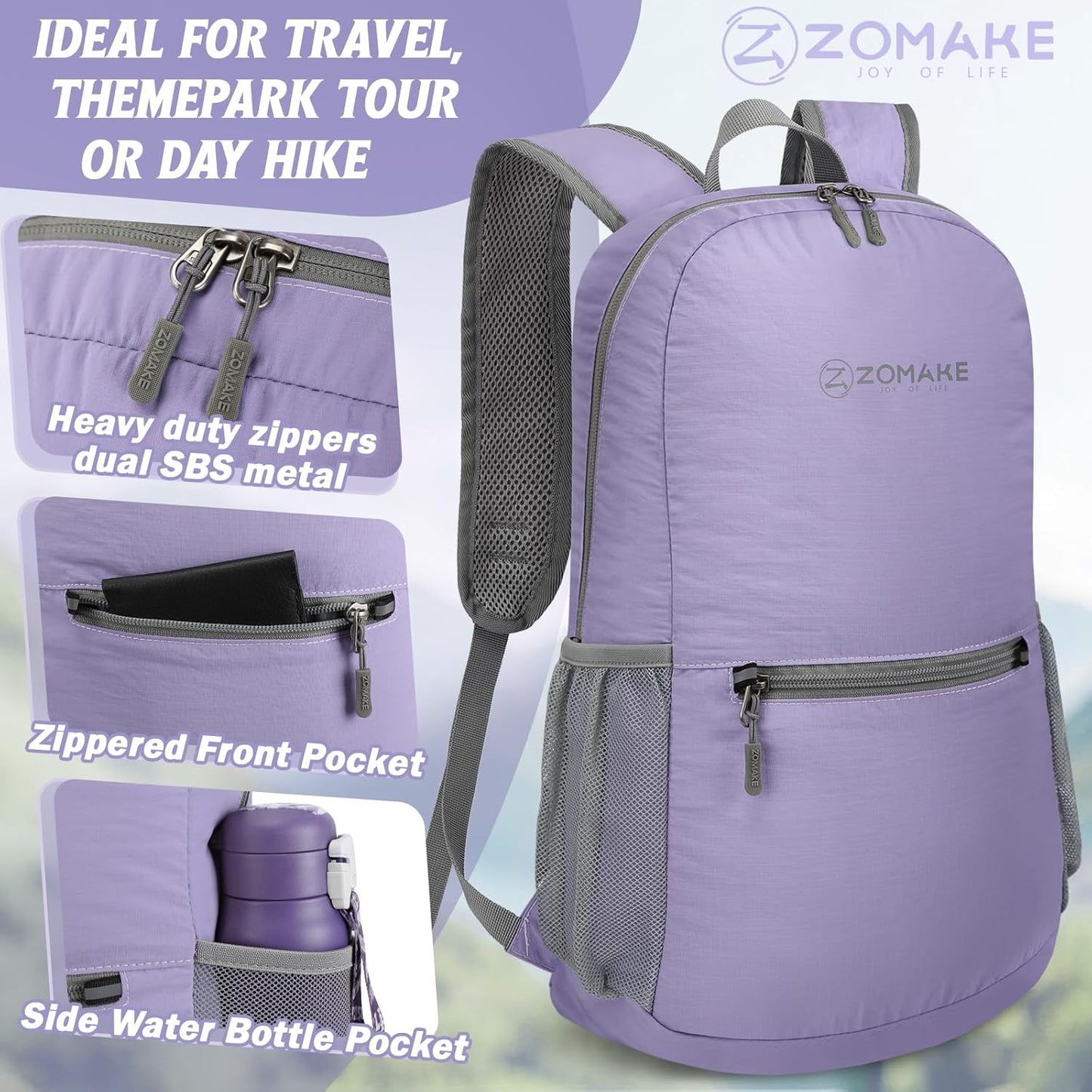 ZOMAKE Ultra Lightweight Hiking Backpack 20L - Packable Small Backpacks Water Resistant Daypack for Women Men(Lavender)