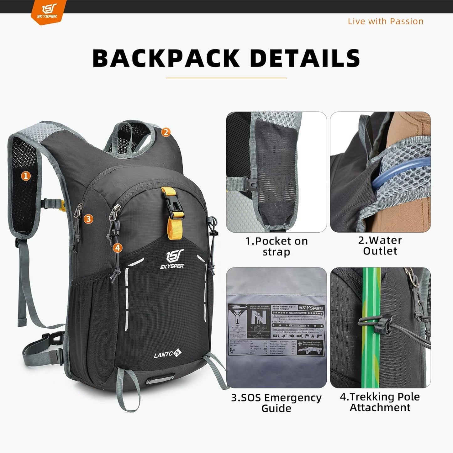 SKYSPER Small Hiking Backpack - 15L Travel Daypack Lightweight Bag Water Resistant Hiking Backpacks for Women Men