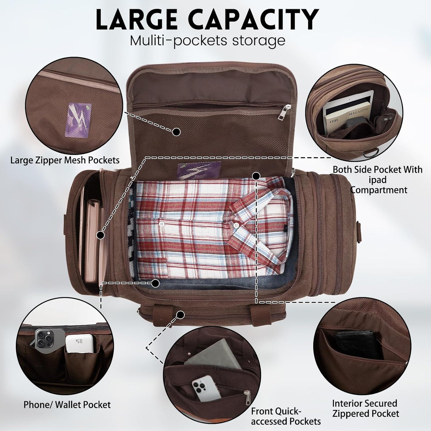 Men'S Duffle Bag For Travel, Expandable Canvas Duffel Bags Overnight Weekend Gym Carry On Luggage Bag For Men(Coffee)