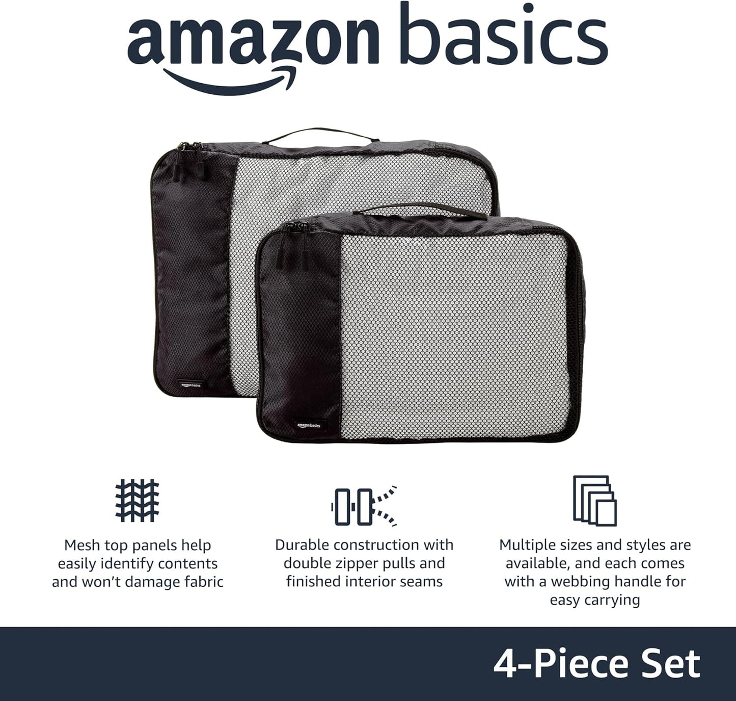 Amazon Basics 4 Piece Packing Travel Organizer Zipper Cubes Set, Medium (2) and Large (2), Black