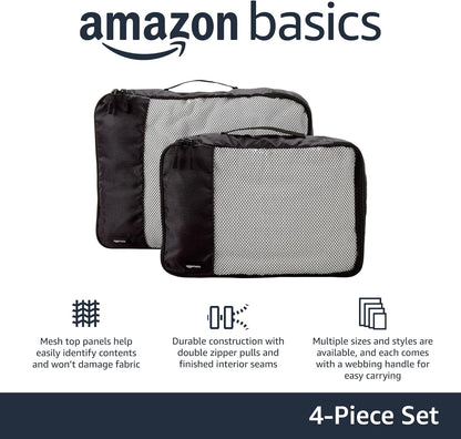 Amazon Basics 4 Piece Packing Travel Organizer Zipper Cubes Set, Medium (2) and Large (2), Black