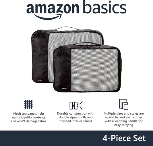 Amazon Basics 4 Piece Packing Travel Organizer Zipper Cubes Set, Medium (2) and Large (2), Black